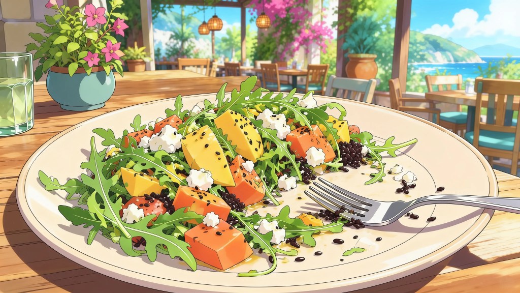 A vibrant salad consisting of mango, papaya, arugula, goat cheese, black rice, and black sesame. Integrated Gastronomy. 
