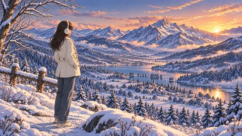 Girl with loose hair at alpine sunrise