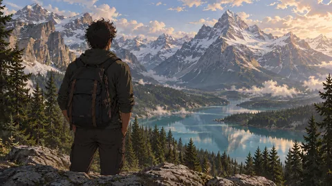 A man looking at the Canadian Rocky Mountains.