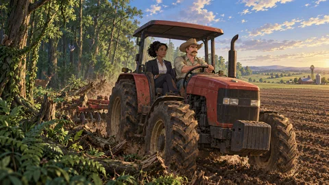 A tractor running through a field that transitions from a forest into a flat farmland.