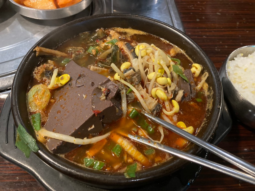 A type of Korean 해장국, made of pork bone broth, stripe, coagulated blood, and various sprouts, herbs, and spices. An integrated system.