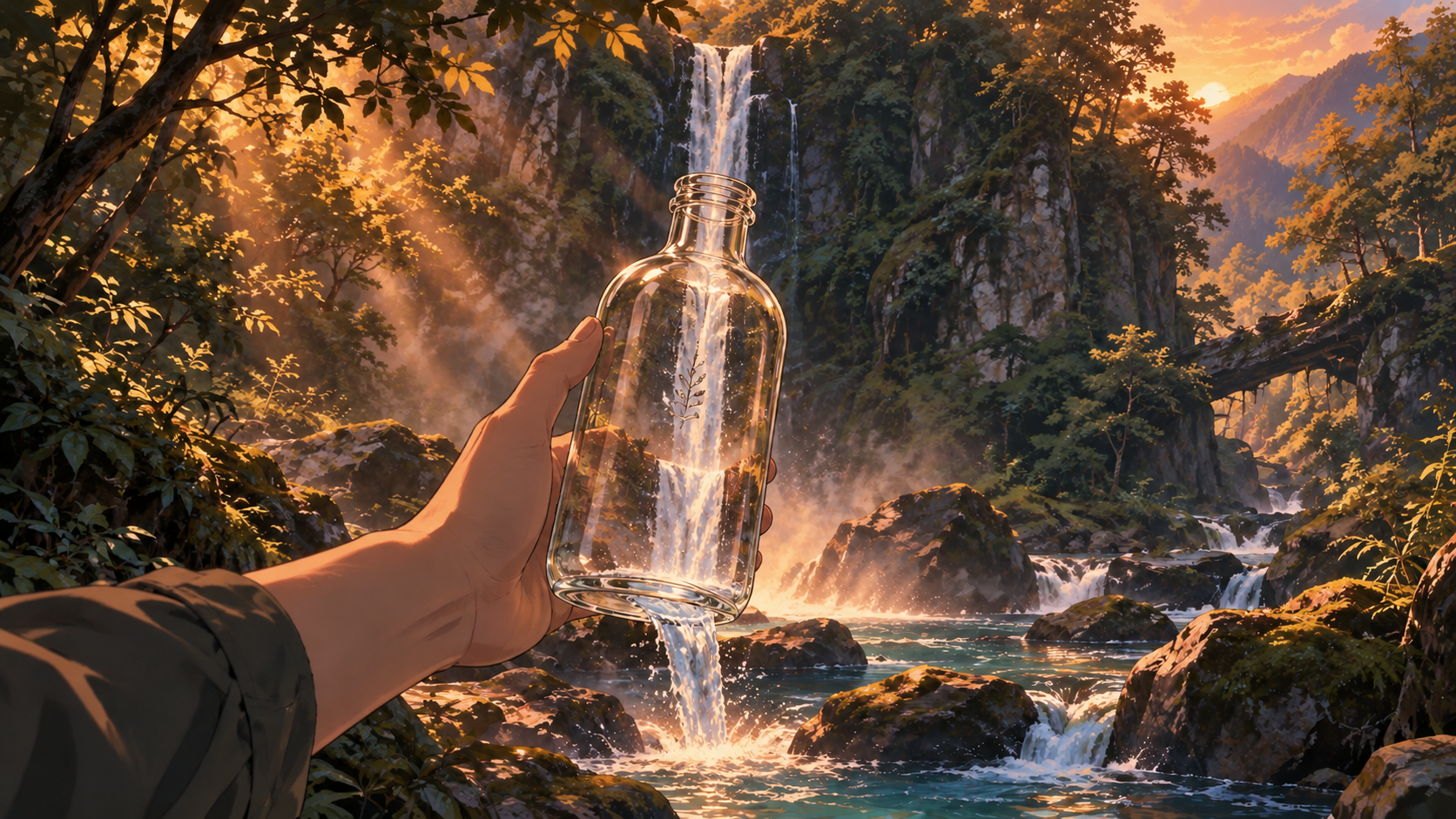 A bottle being held in front of a waterfall
