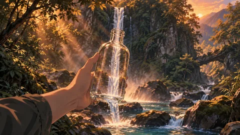 A bottle being held in front of a waterfall