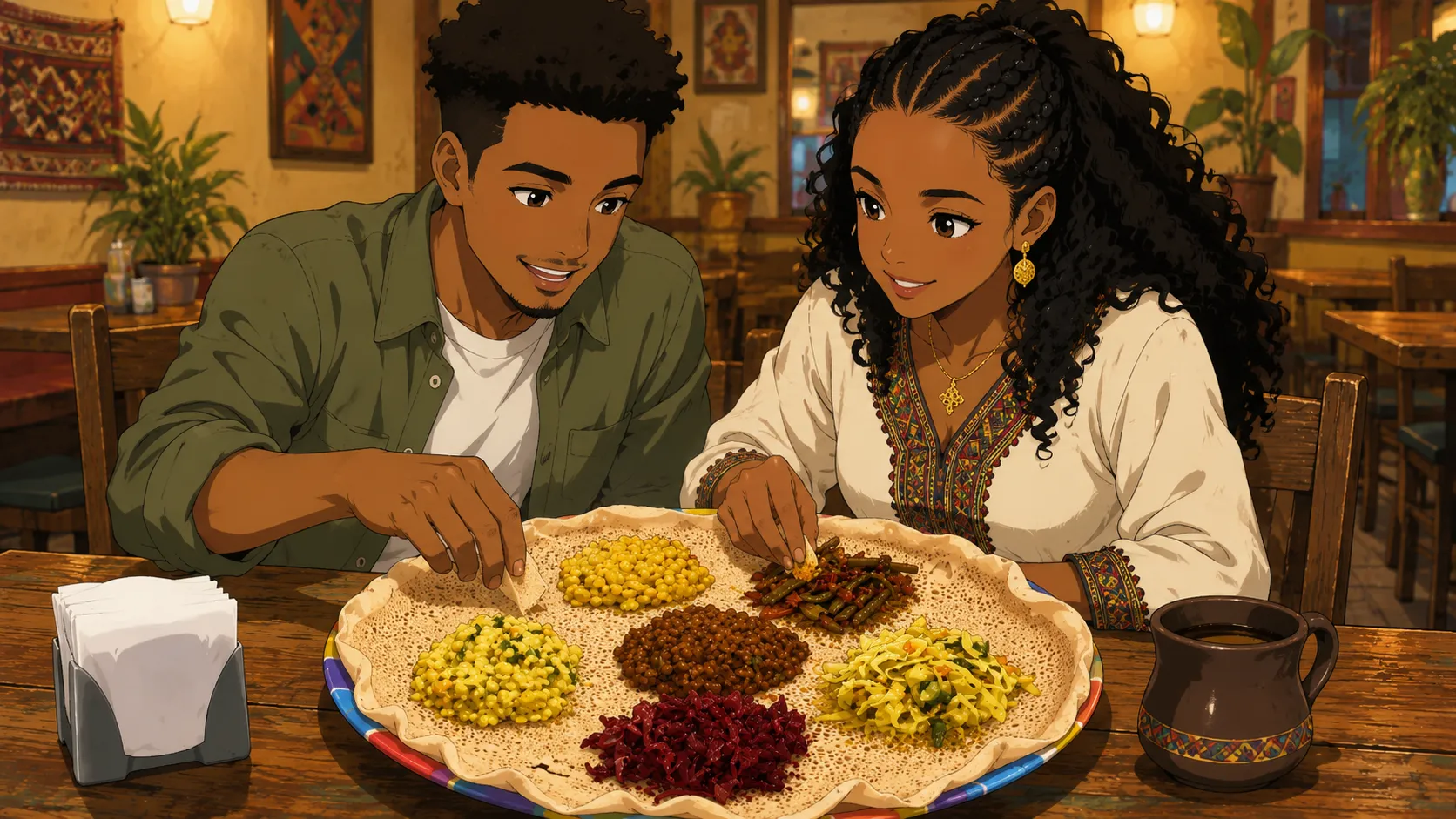 An African couple eating injera