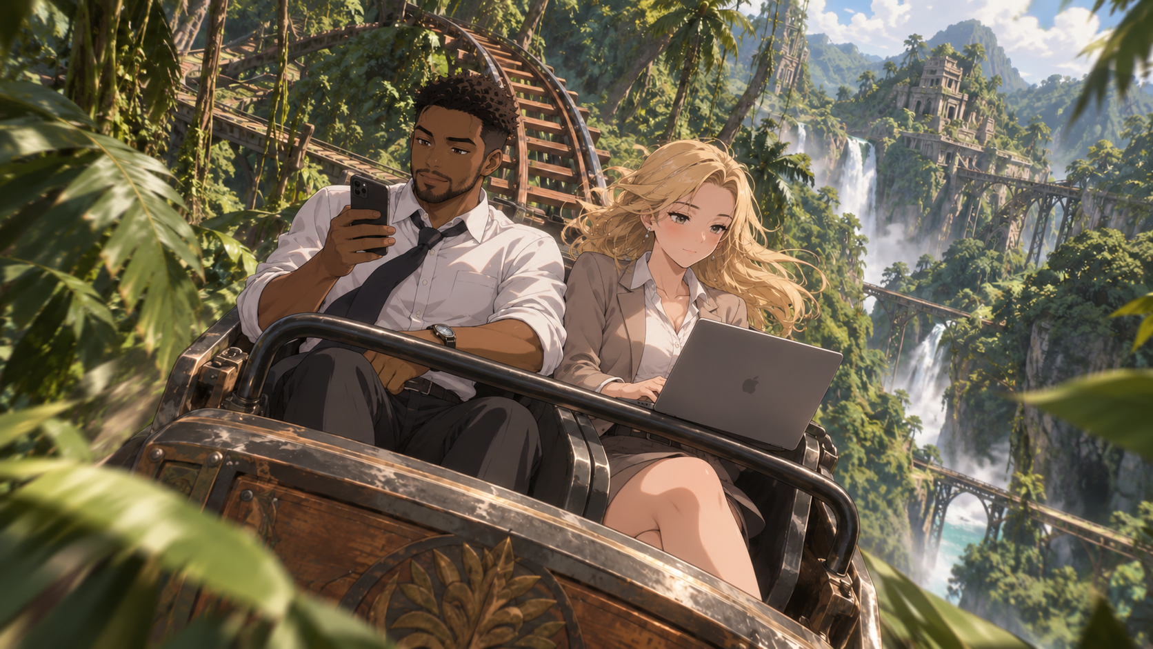 A corporate man and women on a rollercoaster