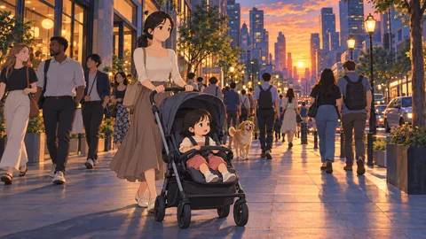 Sunset stroll with stroller and golden dog