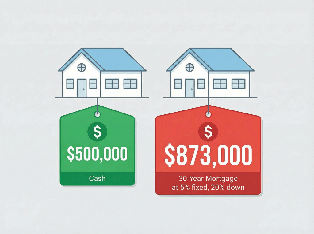 With a 5% fixed 30-yr mortgage, a 500k home ends up costing nearly $900k, almost double. Even with a 20% (100k) down payment.