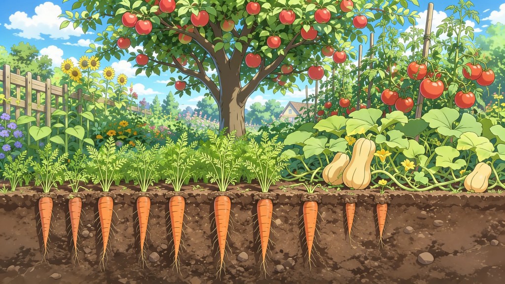 Carrots, butternut squash, tomatoes, and apples growing. Integrated gastronomy