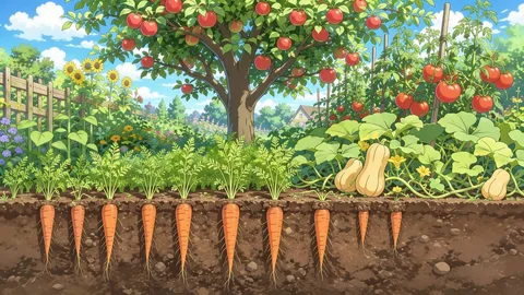 Carrots, butternut squash, tomatoes, and apples growing.