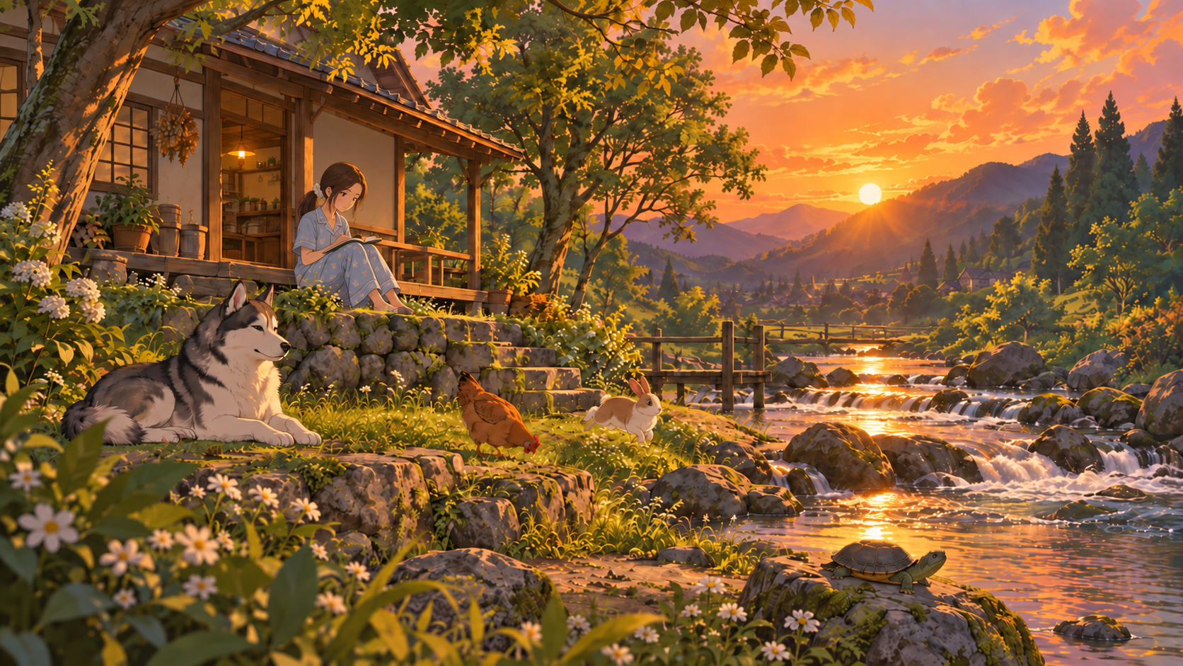 A modest home with wildlife by a sunset. 