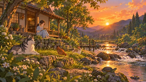 A modest home with wildlife by a sunset.