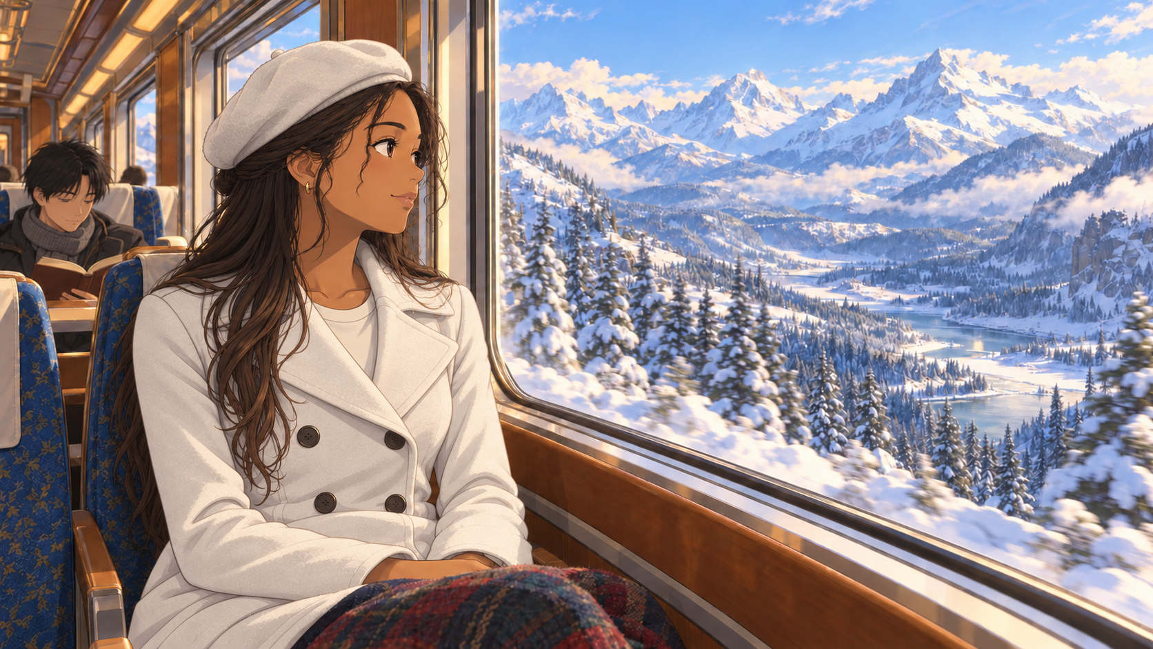 A woman looking out the window of a train
