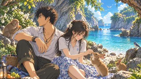 A man and a woman sitting inside a cove with monkeys. A man and a woman sitting inside a cove with monkeys and rabbits