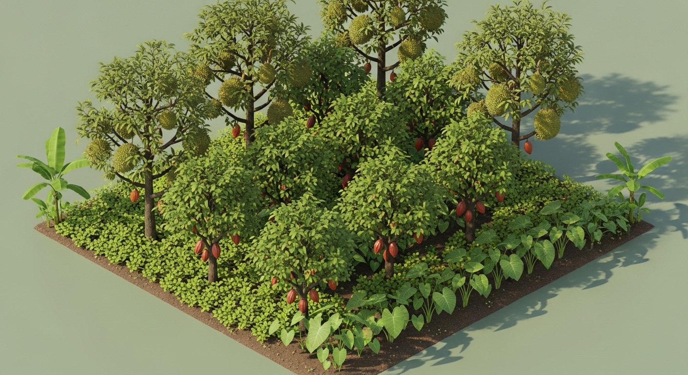 A Food Forest Design: Durian, Cacao, and Jackfruit